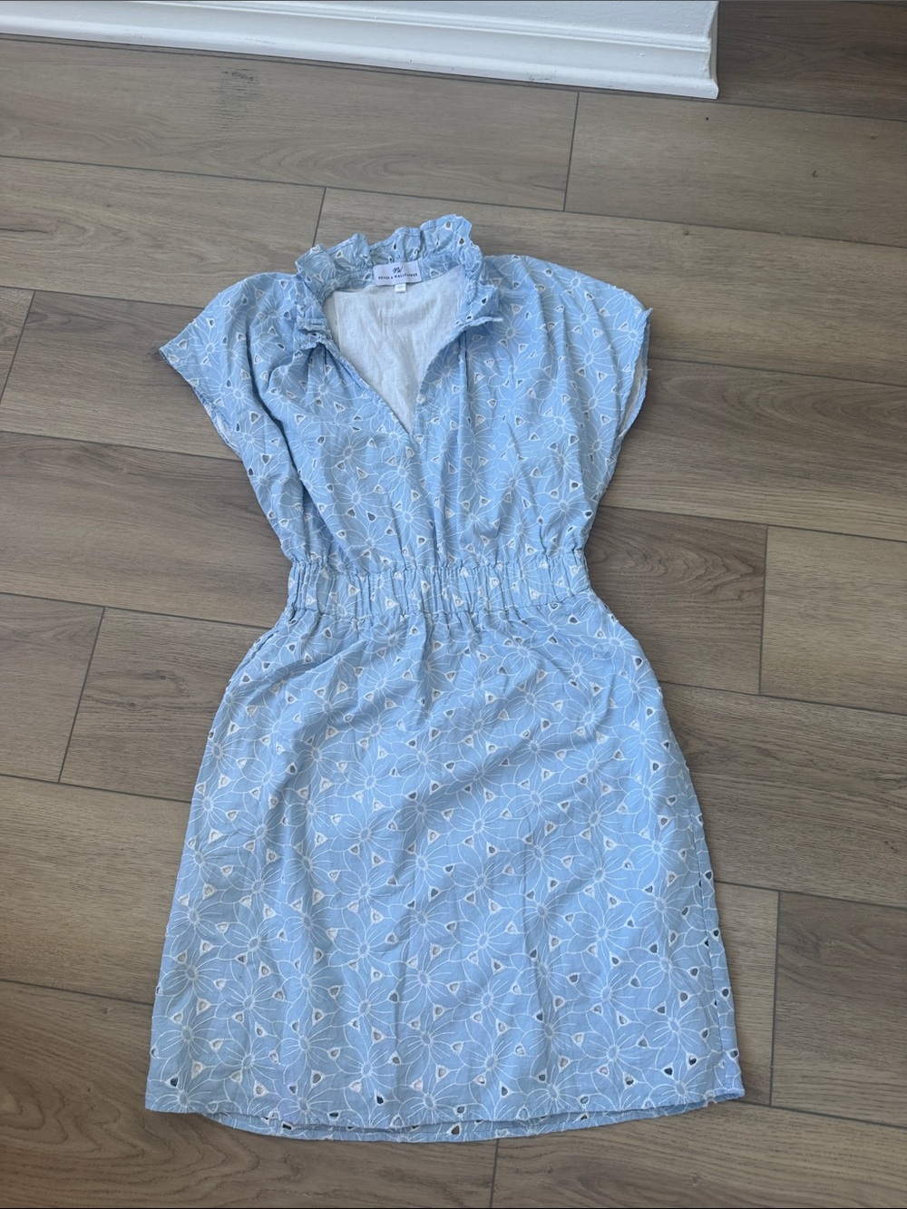 Eyelet Shirred Waist Mini Dress in Light Blue